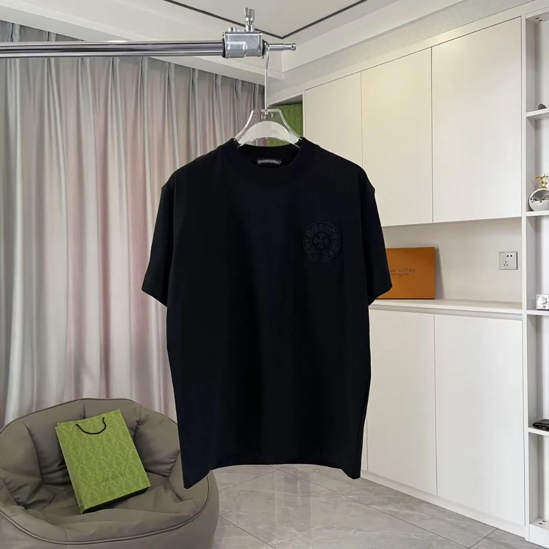 🅿️200 ch Crow* 2025 spring and summer new style Sanskrit horseshoe cross cross vacuum embroidery short-sleeved t-shirt custom fabric 300g same style for men and women Size: S M L XL XXL Five codes Color: black white